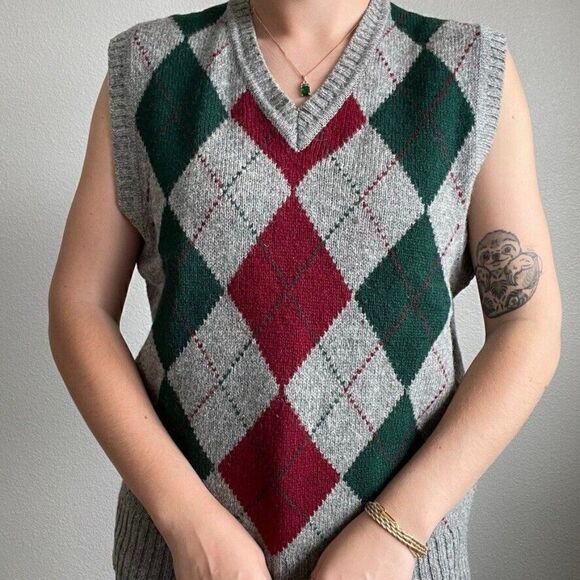 Vintage 90s Claybrooke Wool Red Green Argyle Preppy Christmas Sweater Vest Sz L - Picture 6 of 8